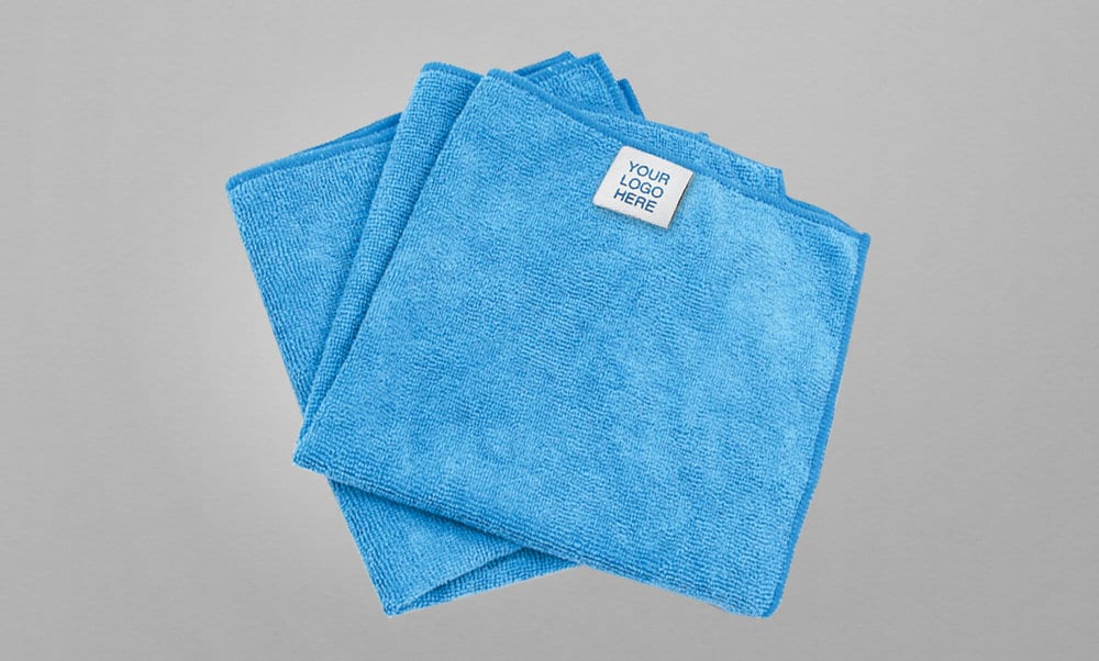 Blue microfiber with "Your Logo Here" tag