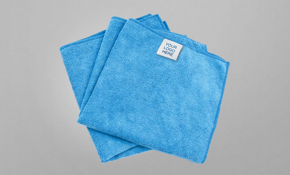 Blue microfiber with "Your Logo Here" tag