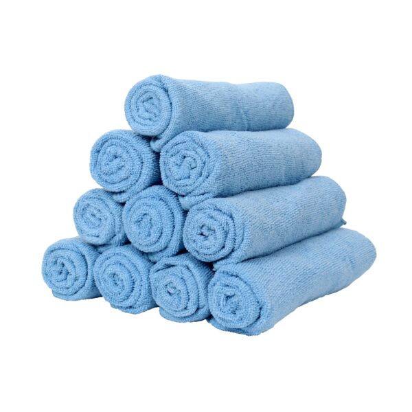 Blue Microfiber Hand Towels rolled and stacked