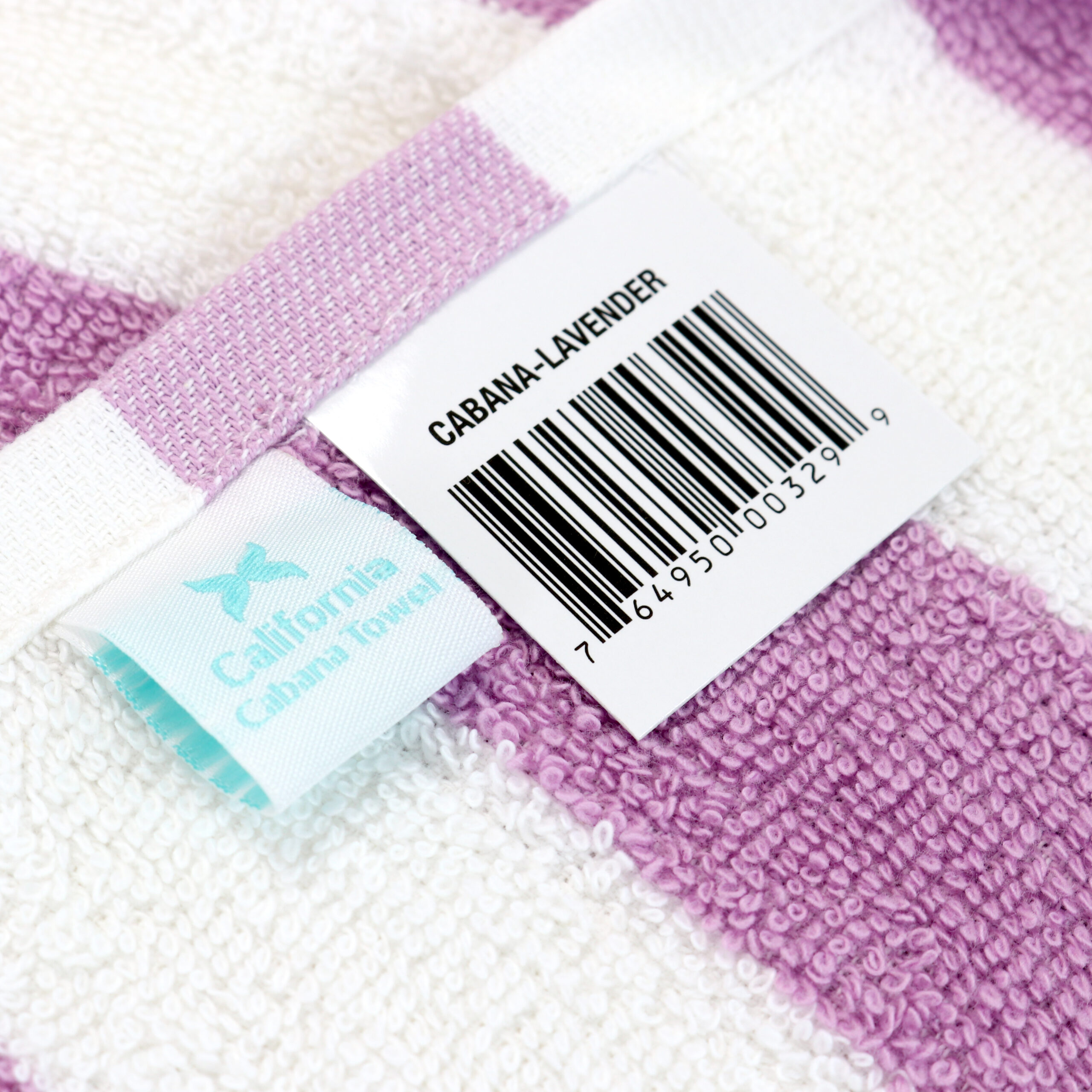 California Cabana Towels - Lavender tag closeup