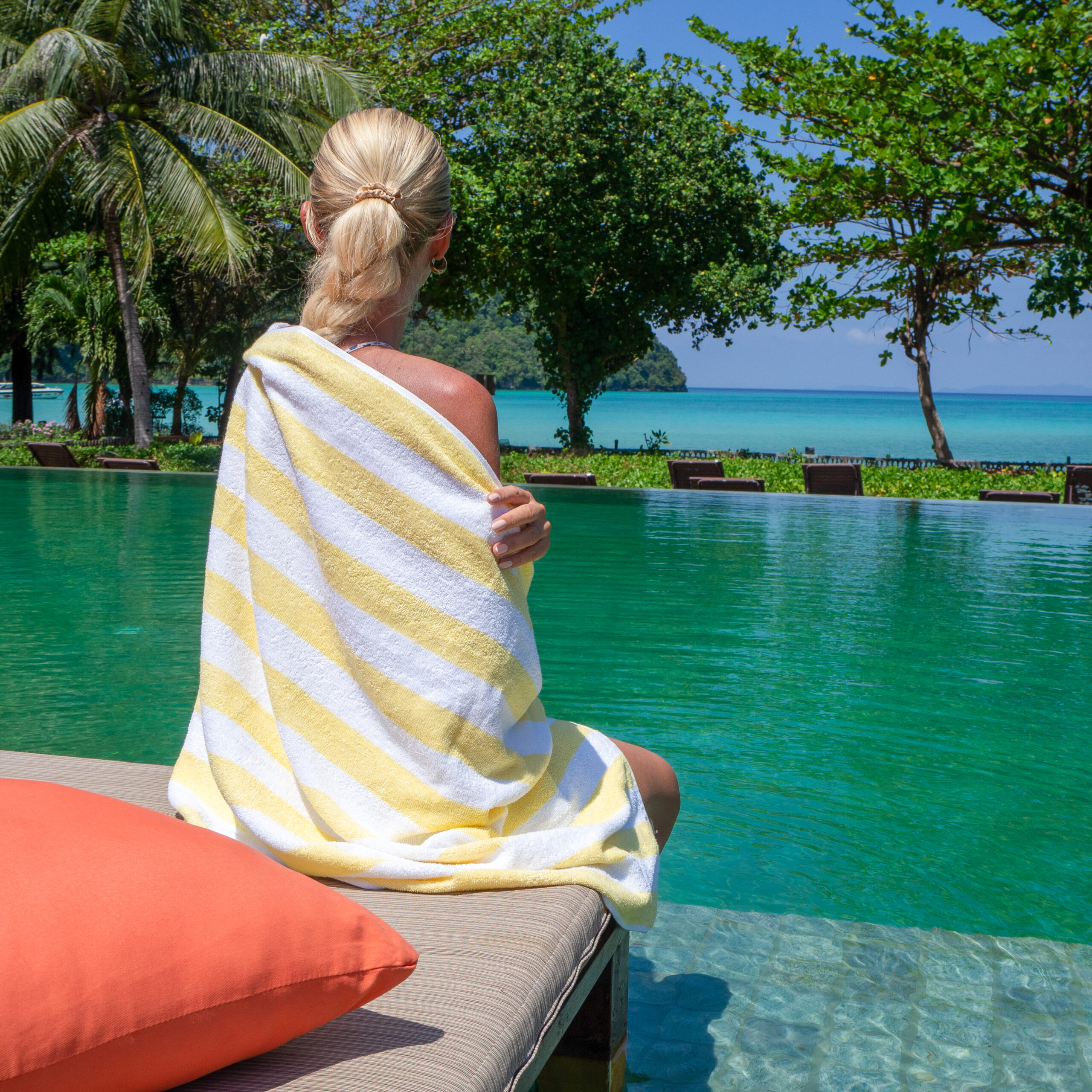 Yellow Cabana Pool Towel wrapped around blonde woman