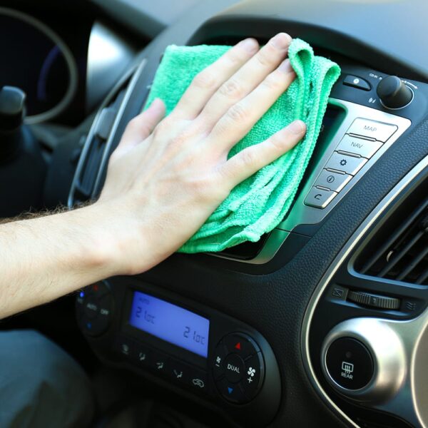 Green Microfiber Cloth 20 gram used to clean car entertainment system