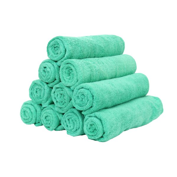 Green Microfiber Hand Towels rolled and stacked