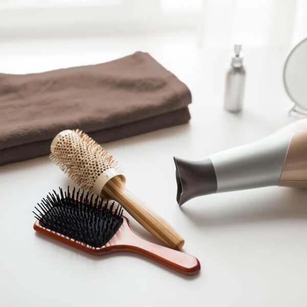 Hairbrush, hair dryer, and brown wash cloths on bathroom counter