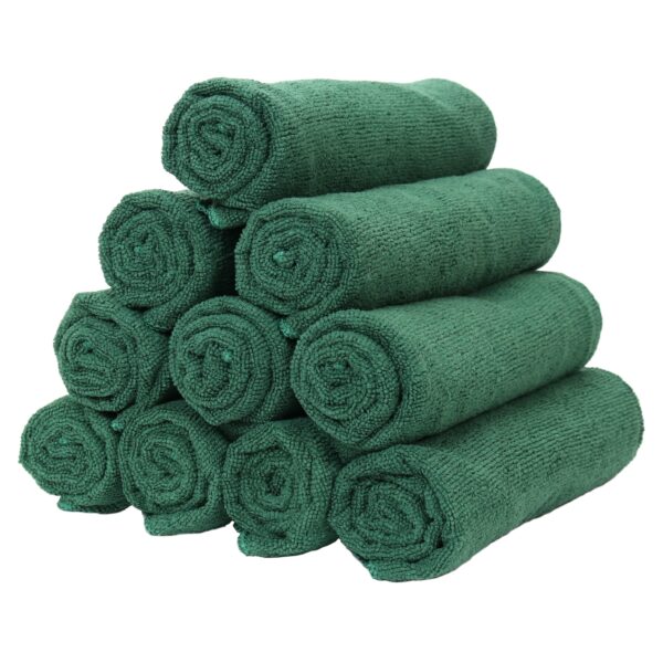 Hunter Green Microfiber Hand Towels rolled and stacked