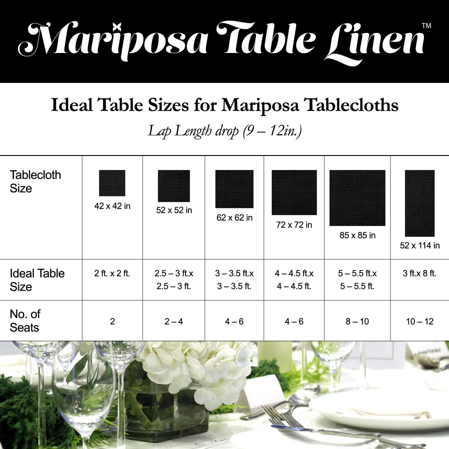 Mariposa Table Linen size chart