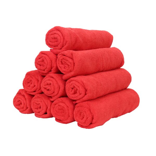 Red Microfiber Hand Towels rolled and stacked