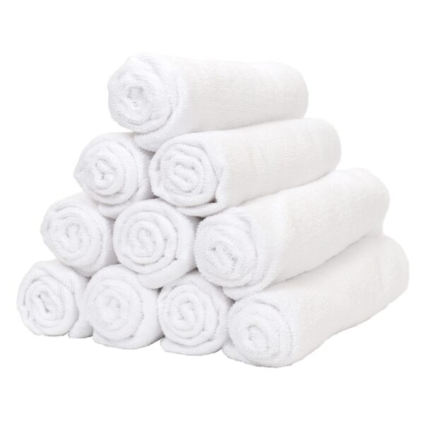 White Microfiber Hand Towels rolled and stacked