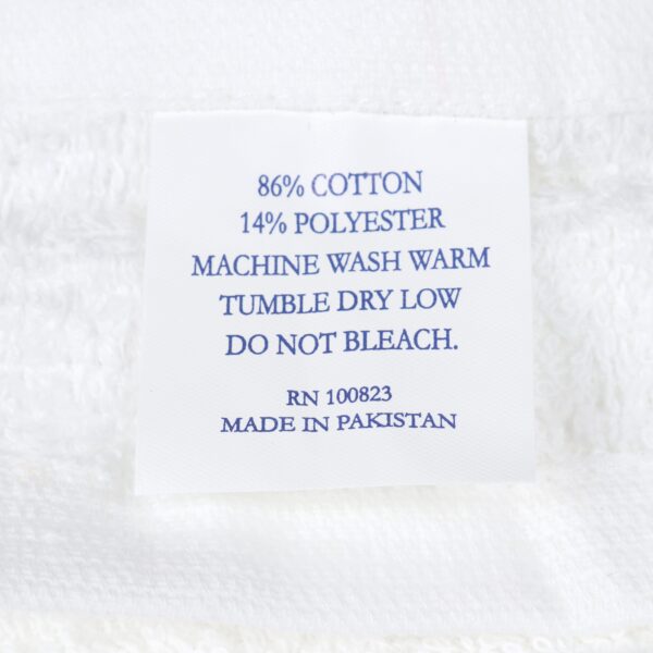Elite Pearl Hospitality White Towel Collection tag closeup