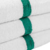 White Gym Towel with Green Stripe stacked closeup