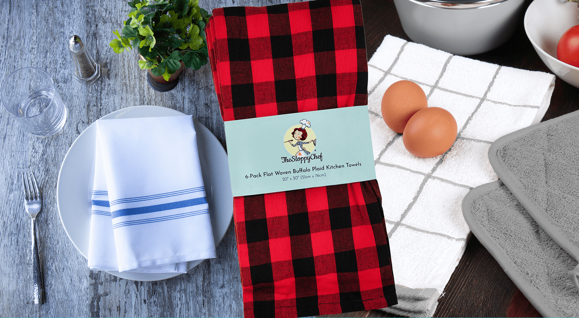 Arkwright 6 Pack of Buffalo Plaid Kitchen Towels - 20 x 30 - Black